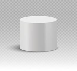 White podium cylindrical pedestal with a shadow on a transparent background. Stage showcase platform vector.