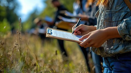 Students Conducting Community Survey with Clipboards in Outdoor Setting