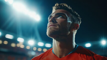 A Soccer Player Looks Up with Determination Under Stadium Lights