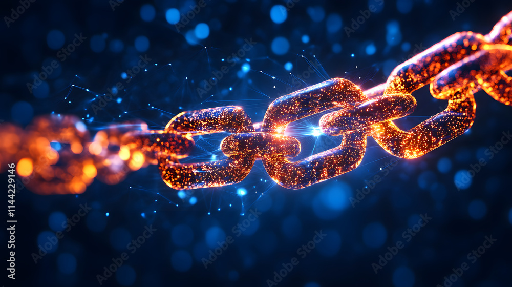Poster a glowing chain link against a dark blue backdrop, illuminated by sparkles, symbolizes strength and 