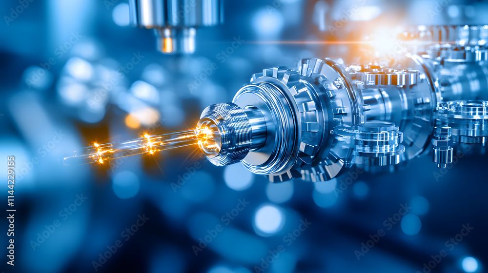 Poster A close-up of a precision-engineered component, showcasing intricate metallic details and sparks, highlighting advanced manufacturing technology
