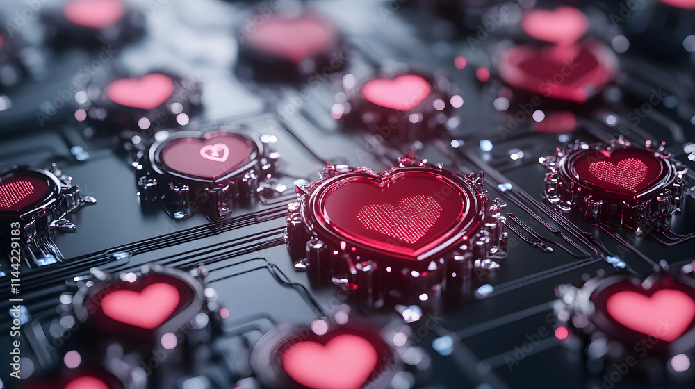 Poster The image features a close-up view of circuit-like designs interspersed with glowing red hearts, symbolizing the fusion of technology and emotion