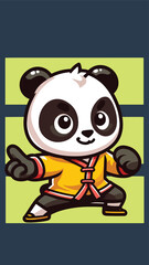 Panda mascot wearing shaolin clothes with a pose ready to fight