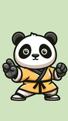 Panda mascot wearing shaolin clothes with a pose ready to fight