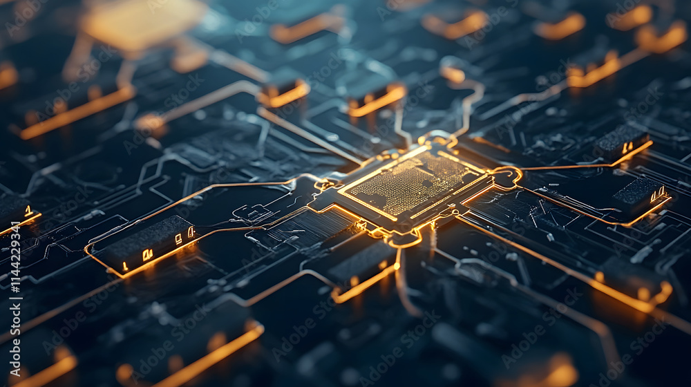 Poster a close-up view of a futuristic circuit board, featuring intricate paths illuminated by glowing oran