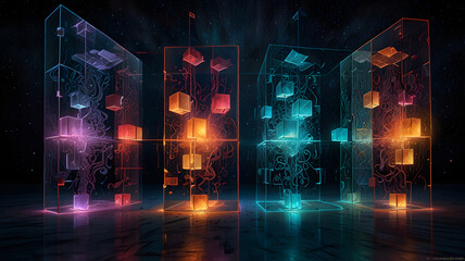 Naklejka premium Enigmatic illustrative painting of abstract ideas depicted as an infinite field of glowing, floating cubes, each one etched shifting patterns, the cubes breaking apart