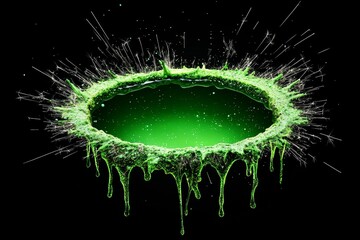 A vibrant splash of green liquid creating an abstract, dynamic shape against a dark background.