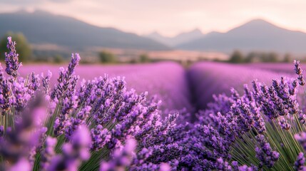 Obraz premium A serene lavender field at sunset, with vibrant purple flowers stretching towards distant mountains under a colorful sky.