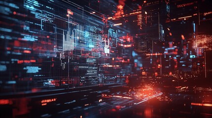 Abstract digital data stream with red and blue code.