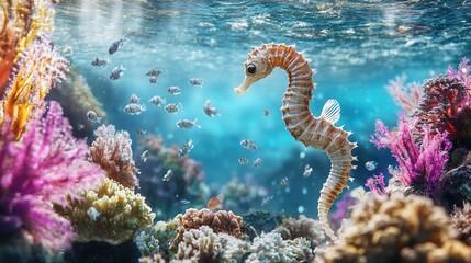 Fototapeta premium Seahorse swimming near colorful coral reef.