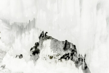 Deep blue ice texture, lake water frozen in winter, icy wallpaper, white snow