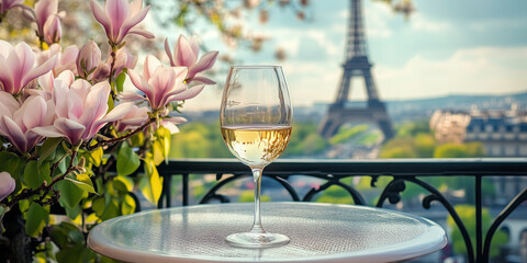 Glass of white wine on a table of outdoor cafe with beautiful Parisian setting with pink magnolia in full bloom