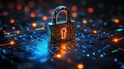 Digital lock on a circuit board representing cybersecurity and data protection innovation.