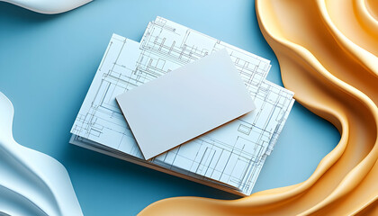 Blank Business Card Mockup on Blueprints, Abstract Background, Branding Design.