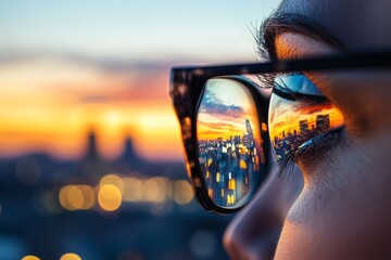 Sunset reflection in glasses showcases a vibrant city skyline and atmospheric colors at twilight