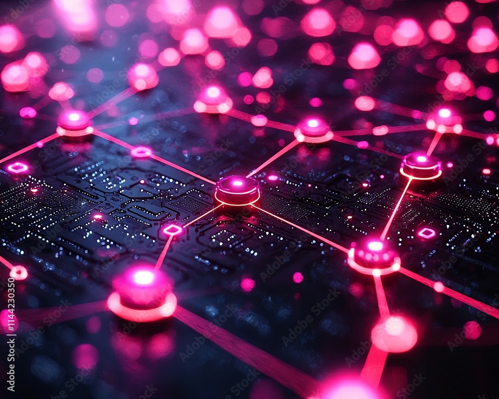 Poster vibrant blockchain network visualization abstract neon nodes and connections in dark tech background