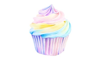 Watercolor illustration of cute cupcakes in soft and cheerful pastel pink and yellow colors