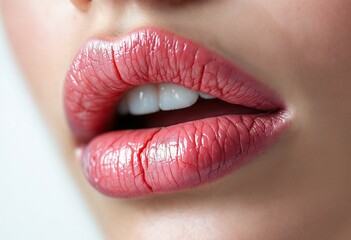 Close Up of Red Glossy Lips with Natural Makeup