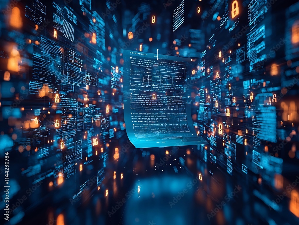 Poster smart contract visualization with floating document and digital locks and keys representing blockcha