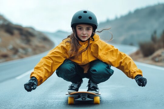 Young skater performing tricks on a quiet road in a yellow jacket and helmet during a cloudy day