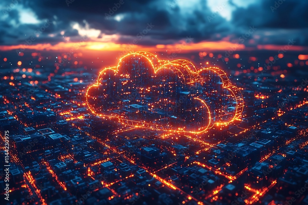 Poster blockchain cloud computing concept with floating data blocks across a vast digital network