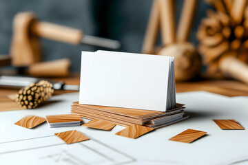 Blank business cards mockup on wood workshop table.