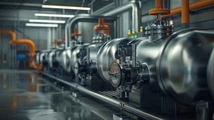 Fototapeta premium Industrial pipeline oxygen system: Complex pipelines originating from an industrial oxygen generator in a large factory hall