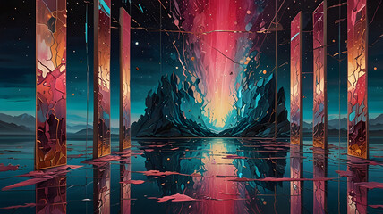 Naklejka premium Conceptual illustrative painting of thoughts visualized as an endless horizon of fragmented glass mirrors, each reflecting a different dreamlike scene, some cracked