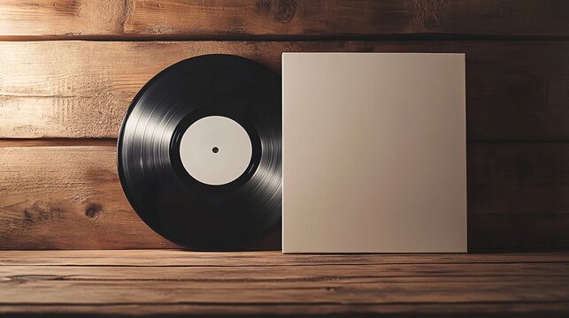 Vinyl disc and blank box cover mockup on a wooden table, perfect for showcasing custom music album designs with a minimalist aesthetic.