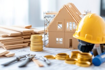 Proceso de reparación de una casa con materiales de construcción en un entorno de trabajo
