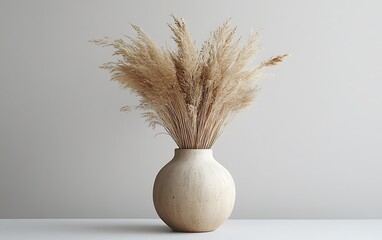 Beige pampas grass in a round beige vase on a white surface against a light grey background.