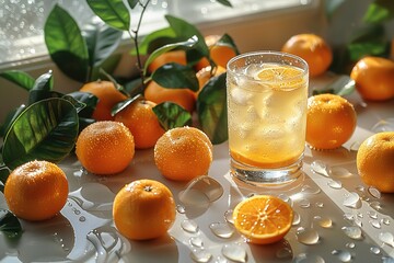 A glass of orange juice with a slice of orange in it