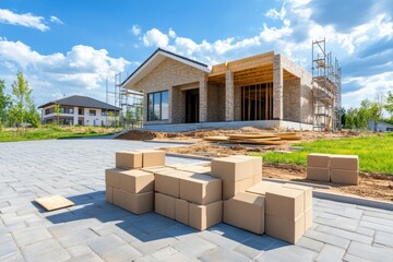 Casa en construcci&oacute;n rodeada de cajas y materiales en un d&iacute;a soleado