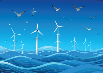 Create a detailed vector illustration of an offshore wind farm, showcasing turbines, support structures, and underwater cables.  Include realistic details and a vibrant color palette.