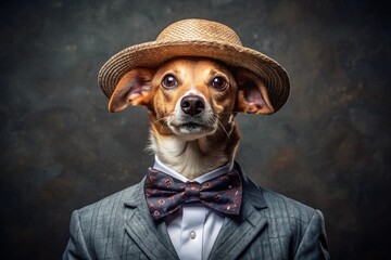 Stylish Canine Dressed in an Elegant Suit and Bow Tie Posing in a Sophisticated Studio Setting, Wallpaper Background.
