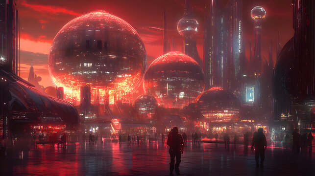 A futuristic city on Mars with glowing domes, advanced architecture, and people walking in spacesuits under a red-hued sky 