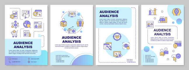 Audience analysis blue circle brochure template. Digital marketing tools. E commerce data. Leaflet design with linear icons. Editable 4 vector layouts. Arial-Bold, Myriad Pro-Regular fonts used