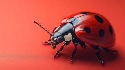 Close-up of a ladybug on a red background.