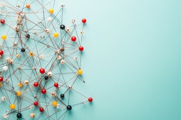 Colorful network of threads and beads on a light blue background showing creativity and design concepts