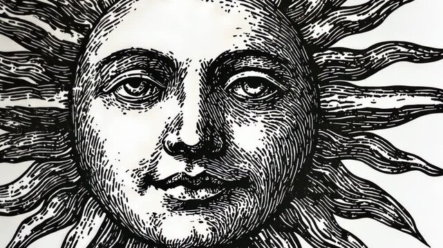 Vintage illustration of a sun with intricate facial features and rays emanating from its round shape