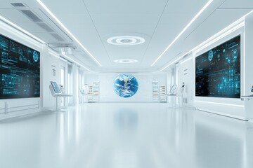 Futuristic interior with digital displays showcasing global data in a high-tech environment