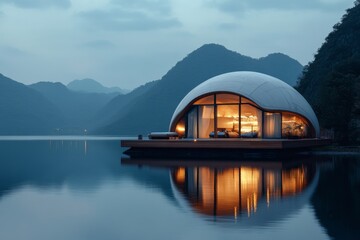Fototapeta premium Tranquil lakeside dome residence reflects serene mountains at dusk