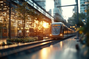 Obraz premium Modern tram approaches a bustling urban station during golden hour in a vibrant cityscape
