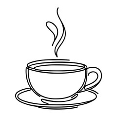 A simple, single line vector drawing of a steaming coffee cup with a clean, abstract outline