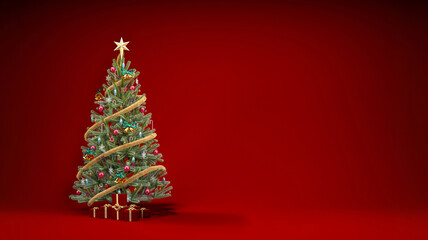 Christmas red background concept with ornaments and presents for banner design. Christmas tree with ornaments, gift boxes and copy space on dark red background, 3d rendering illustration.