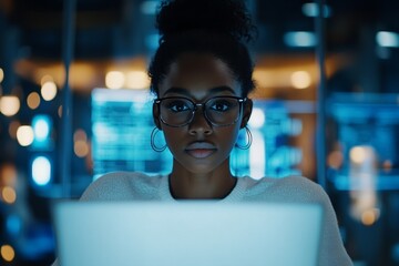 Young woman focused on laptop in a technology-driven workspace at night