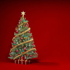 Christmas red background concept with ornaments and presents. Christmas tree with ornaments, gift boxes and copy space on dark red background, 3d rendering illustration.