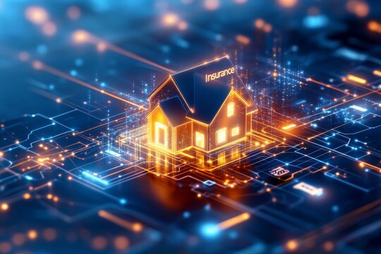 Casa iluminada con luz c&aacute;lida en un entorno digital con enfoque en la seguridad