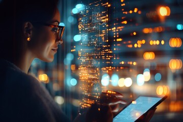 Woman using tablet by a glass window with urban skyline at night showcasing digital data visualization