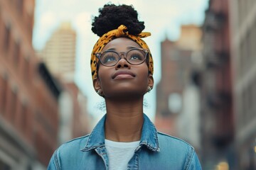 Fototapeta premium Young woman gazes upwards in a city street with buildings in background, wearing denim jacket and stylish headband while enjoying urban atmosphere